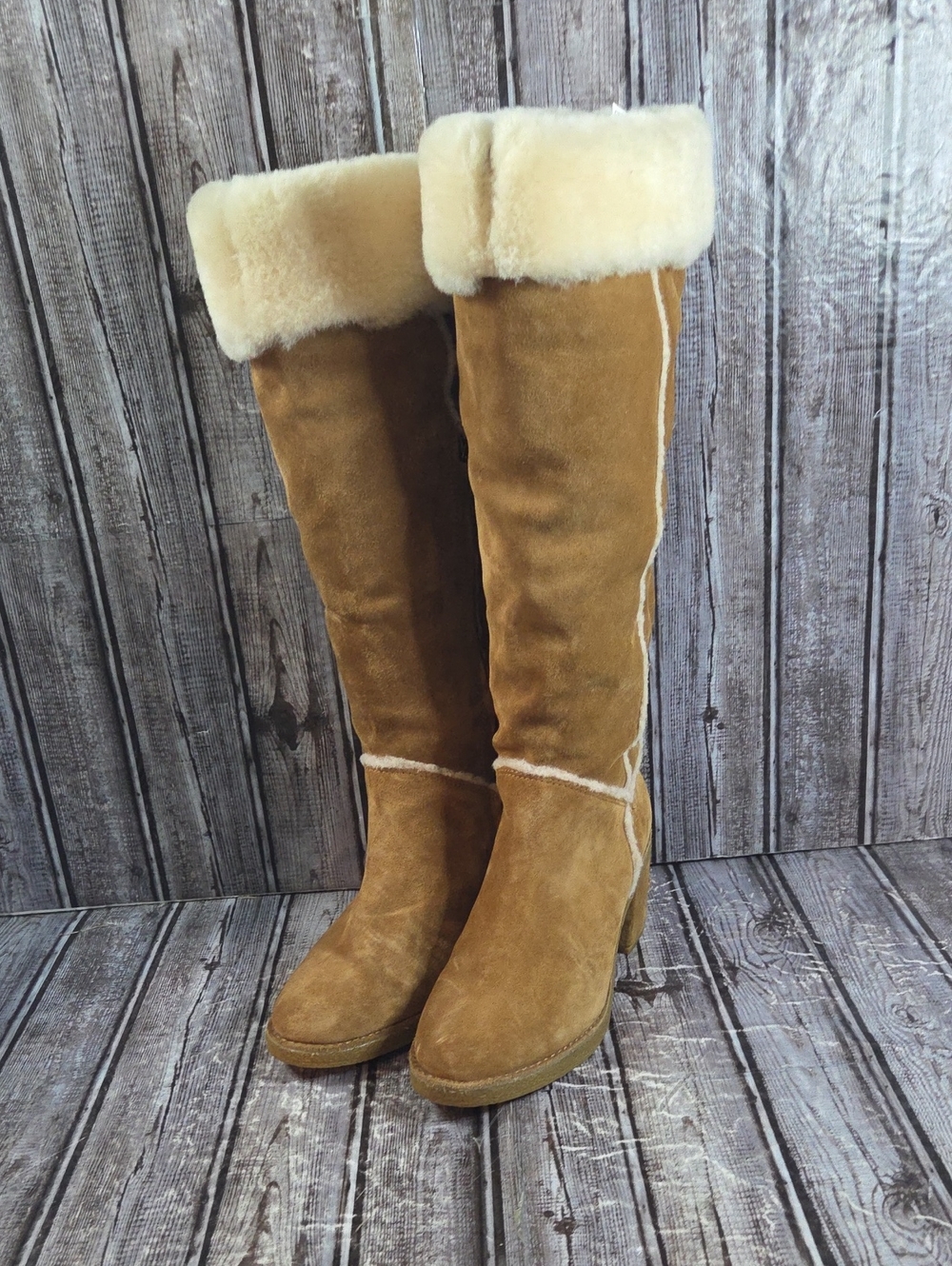 Ugg Women's Kasen Tall Fur Lined Chestnut Block Heel Boots Chunky Size 7